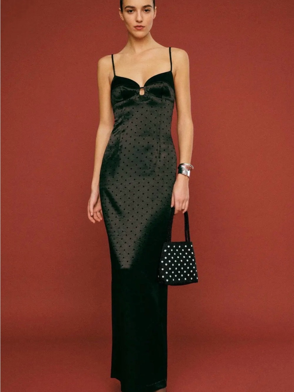Reformation Black Polka Dot Satin Spaghetti-Strap Maxi Dress